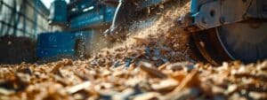 a close-up view of a professional-grade wood chipper in action, surrounded by a clean, organized urban environment in fredericksburg, texas, showcasing meticulously processed brush chippings against a backdrop of modern construction materials.