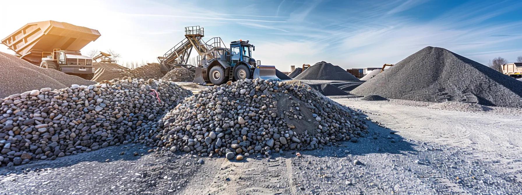 a modern construction site in fredericksburg features cutting-edge gravel-spreading machinery in action, surrounded by large piles of gravel and project managers reviewing blueprints on sleek tablets, all under a bright, clear sky.