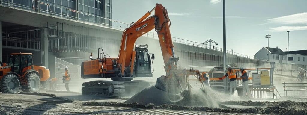 a sleek, modern construction site features an advanced gravel spreading robot in action, showcasing cutting-edge technology against a clean, urban backdrop with machinery and workers efficiently collaborating to enhance infrastructure.