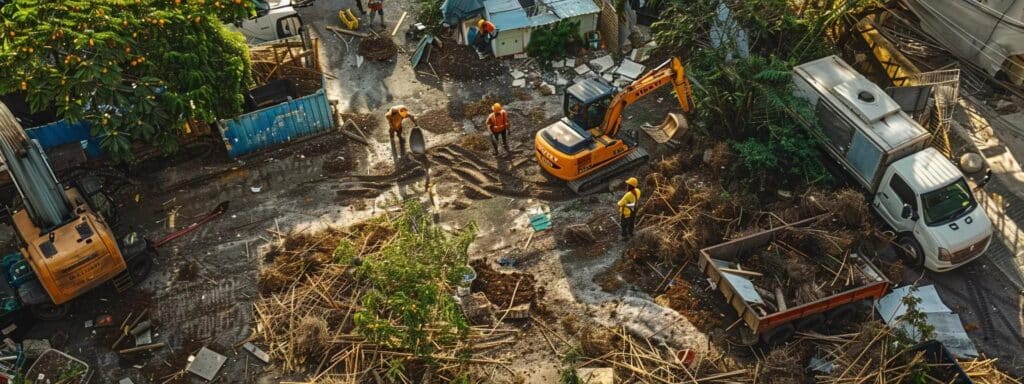 a vibrant urban landscape showcases a team of professionals engaged in brush chipping, transforming a cluttered lot into a visually appealing, organized space while enhancing property value and ensuring compliance with local regulations.