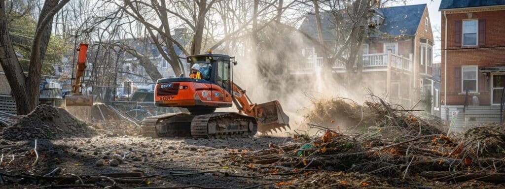 a dynamic urban worksite showcases professionals in safety gear operating advanced brush chipping equipment, highlighting the meticulous step-by-step process of land clearing amidst the organized chaos of the bustling fredericksburg environment.