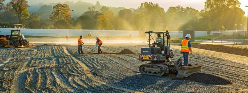a modern construction site in fredericksburg showcases innovative gravel materials, with workers expertly spreading visually appealing and durable gravel across a freshly paved surface under bright, artificial lighting.