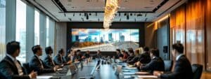 a sleek, modern conference room is filled with real estate professionals engaged in an animated discussion about innovative gravel spreading techniques, highlighted by a large digital presentation showcasing various options.