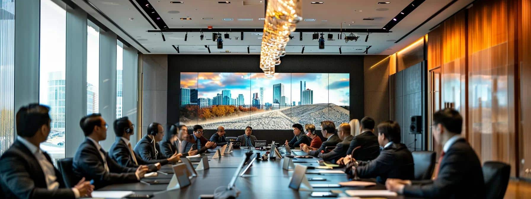 a sleek, modern conference room is filled with real estate professionals engaged in an animated discussion about innovative gravel spreading techniques, highlighted by a large digital presentation showcasing various options.