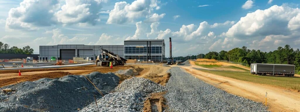 a sleek, modern construction site in fredericksburg showcases advanced gravel spreading equipment in action, highlighting the efficiency and precision of contemporary installation techniques against a backdrop of ongoing development.