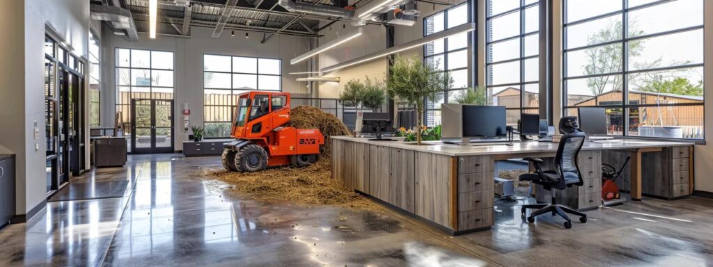 a sleek urban office space features a well-organized work area centered around a modern, efficient brush chipping machine, highlighting the innovative and professional approach to landscape enhancement in fredericksburg, tx.
