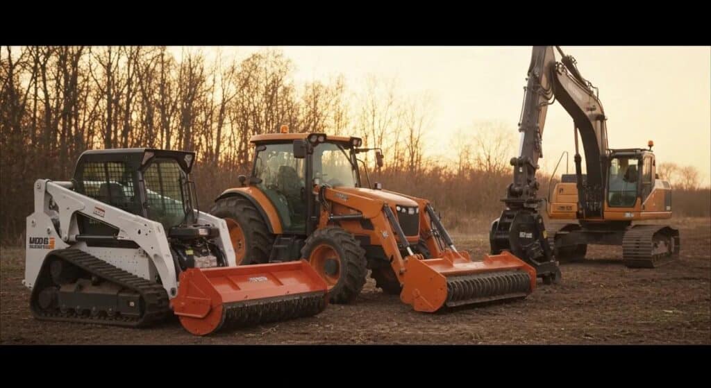 Different types of forestry mulching equipment in Texas landscape, showcasing land clearing capabilities