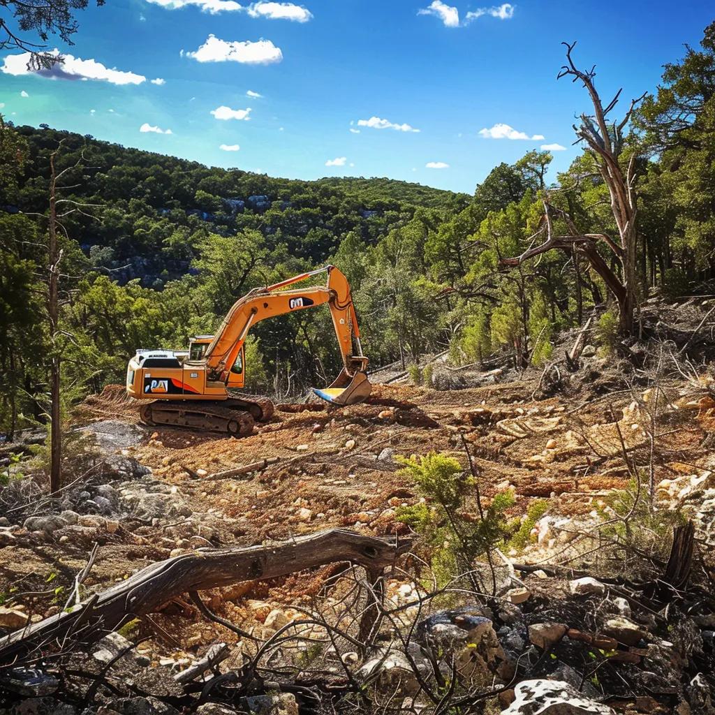 Land clearing operation in Fredericksburg TX with excavator and forestry mulcher
