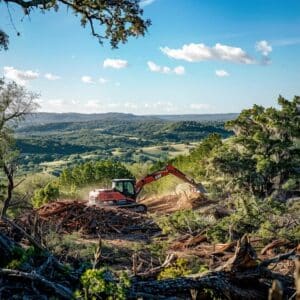 Forestry mulcher transforming cedar overgrowth into mulch in Texas Hill Country