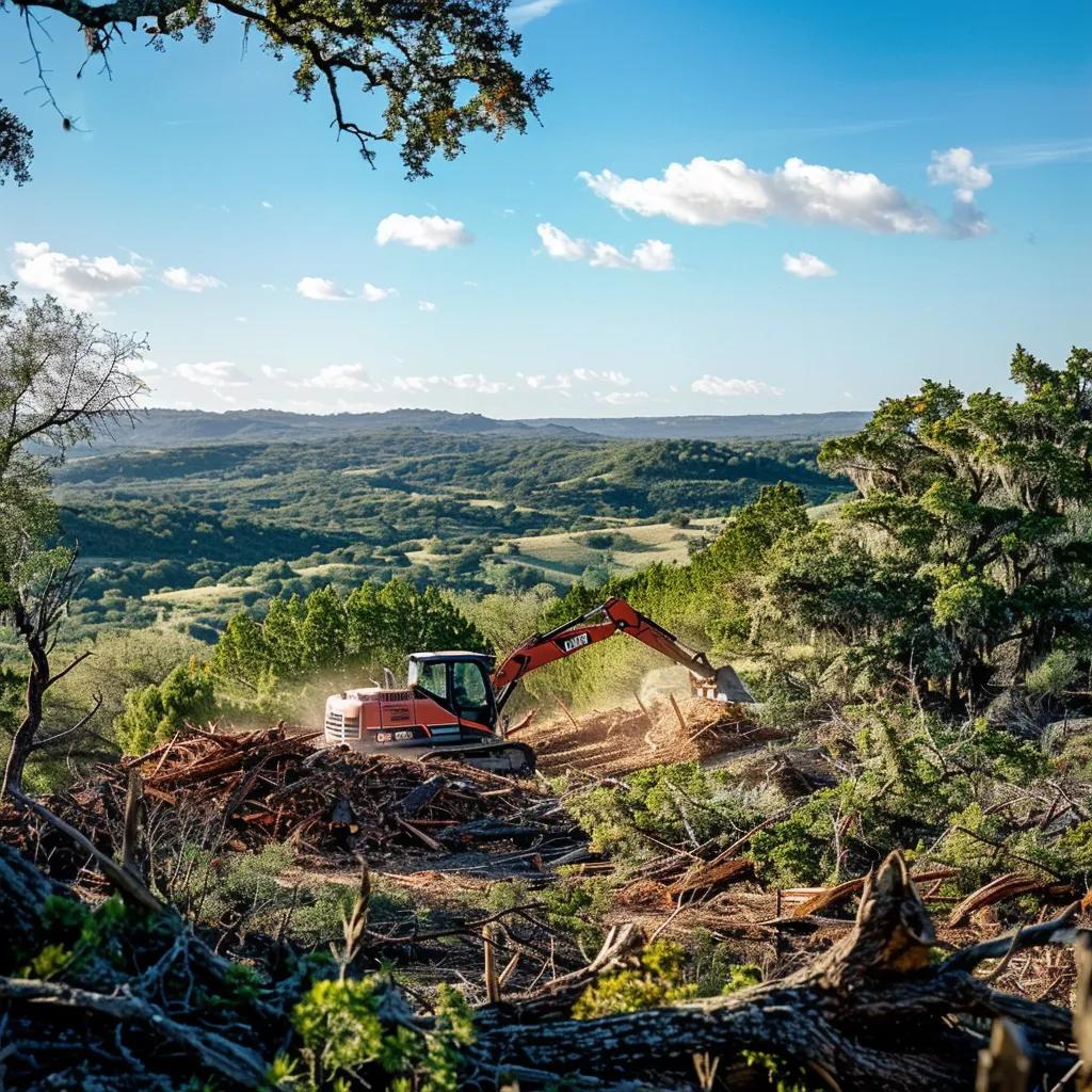 Forestry mulcher transforming cedar overgrowth into mulch in Texas Hill Country