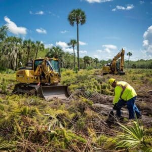 Professional brush clearing service transforming overgrown land with heavy machinery