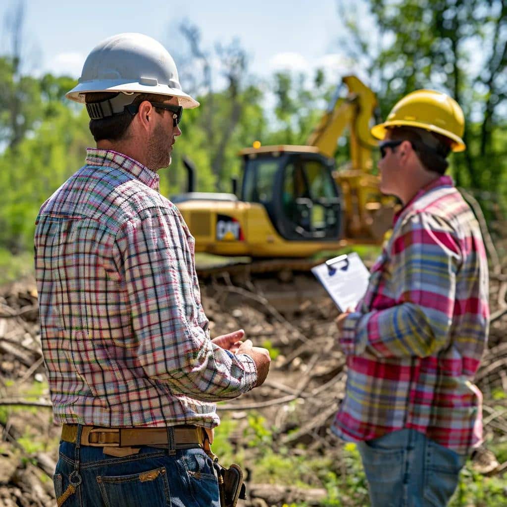 Contractor discussing brush clearing service costs with property owner on Texas site