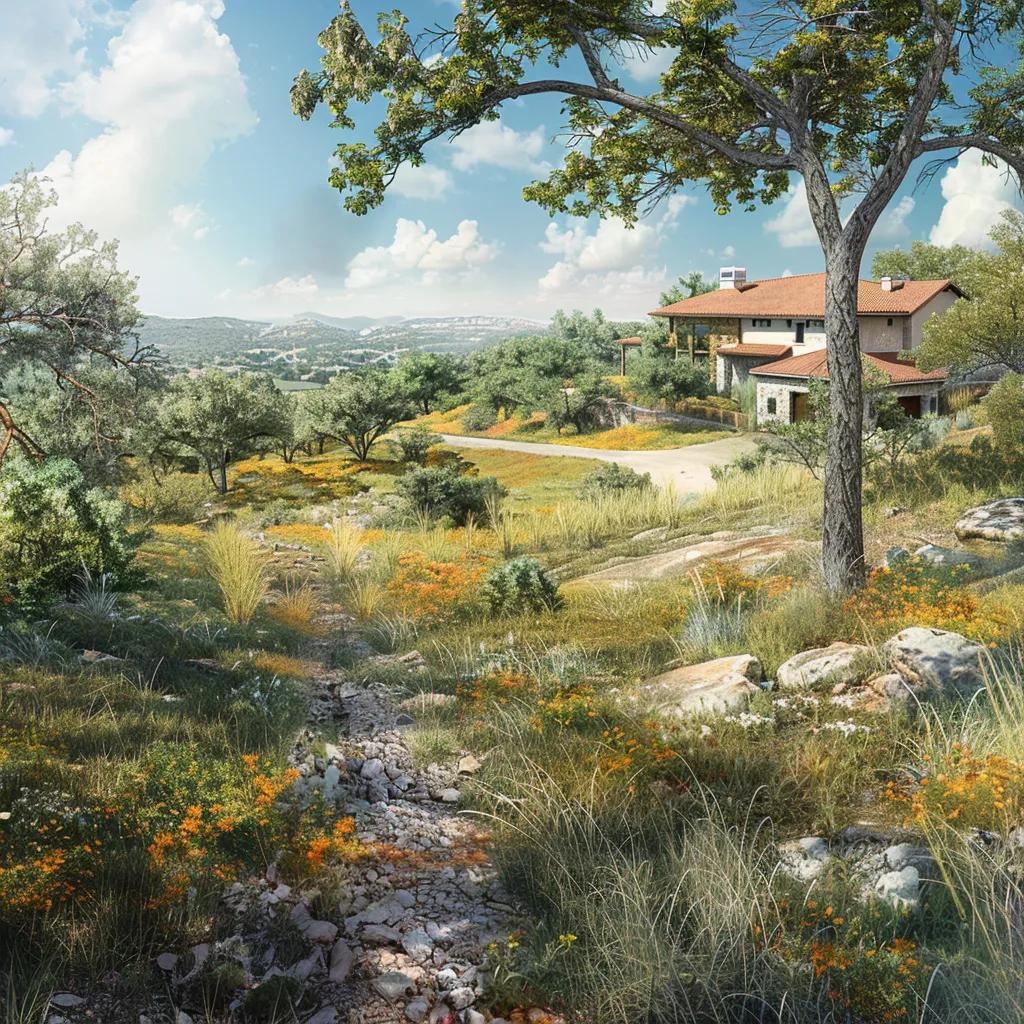 Defensible space created by land clearing around a home in Texas Hill Country for wildfire prevention